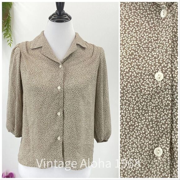 Vintage Liberty House Blouse 1980's Tan & White Floral - Picture 2 of 8